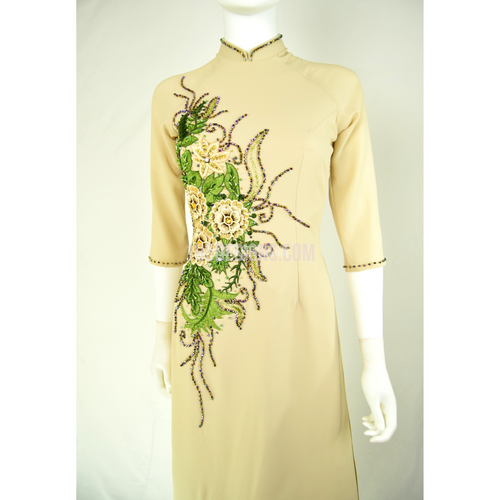 ÁO DÀI Nâu VÀNG VẢI Tơ Cát CAO CẤP MAY 2 LỚP KẾT HOA XANH ĐÁ PHA LÊ| IVORY AO DAI GREEN FLOWER CRYSTAL