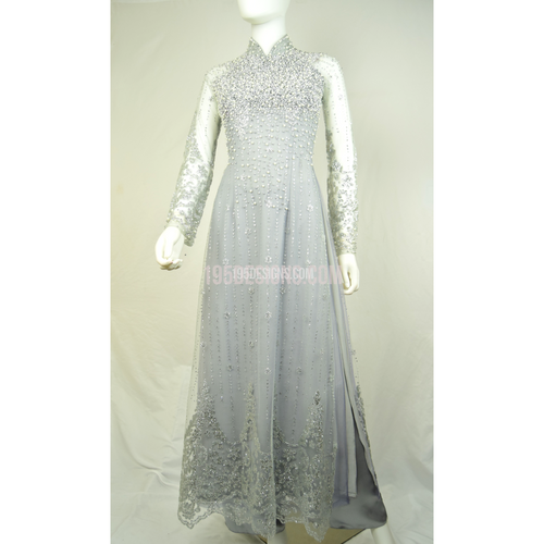ÁO DÀI Xám MAY 3 LỚP KẾT Hạt Trai ĐÁ PHA LÊ| Silver AO DAI Pearl CRYSTAL