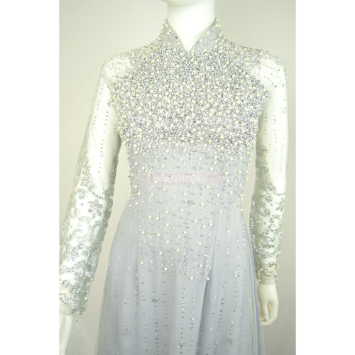ÁO DÀI Xám MAY 3 LỚP KẾT Hạt Trai ĐÁ PHA LÊ| Silver AO DAI Pearl CRYSTAL