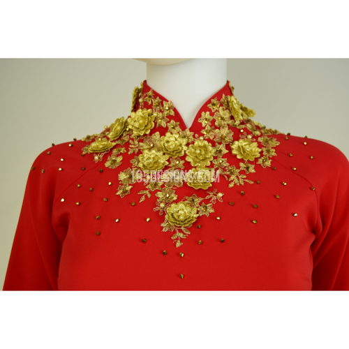 ÁO DÀI  Đỏ Hoa Vàng Kết Đá Pha Lê | Red Ao Dai Gold Flower with Crystal Wedding