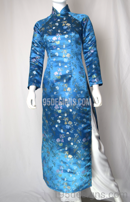 Ao Dai Blue Brocade Silk |Gấm Xanh Hoa