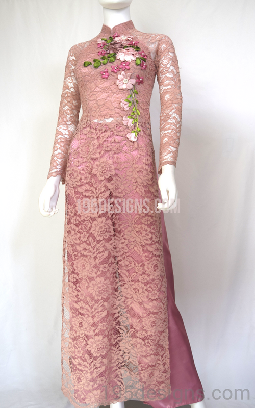 Lace Pink-Brow Ao Dai Ren Hồng Nâu Theu Hoa