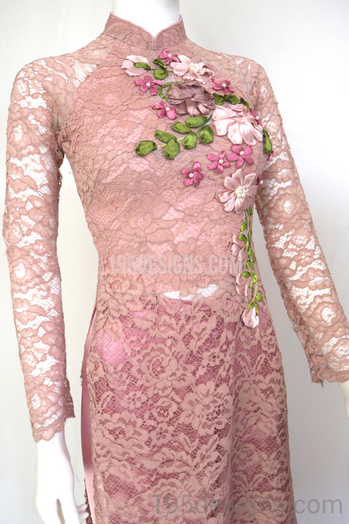 Lace Pink-Brow Ao Dai Ren Hồng Nâu Theu Hoa