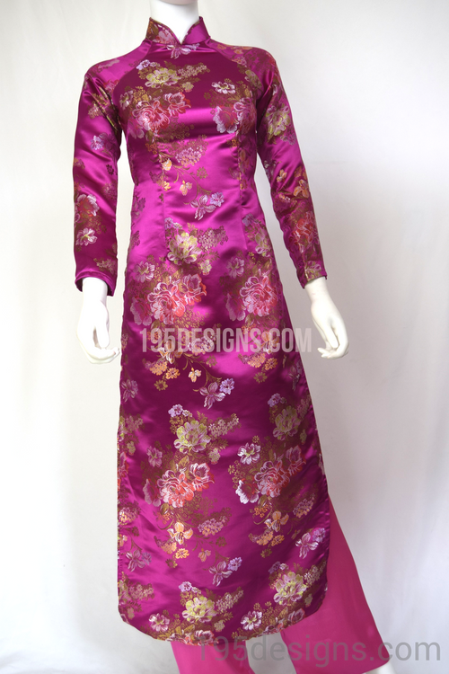 ÁO DÀI  GẤM Hồng Hoa Mẫu Đơn  | Hot Pink Peony  Brocade AO DAI Set