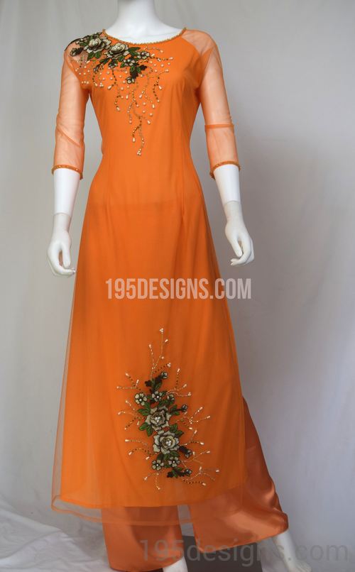 ÁO DÀI Von Cam Kết Đá Pha Lê| Orange Ao DAI Crystal