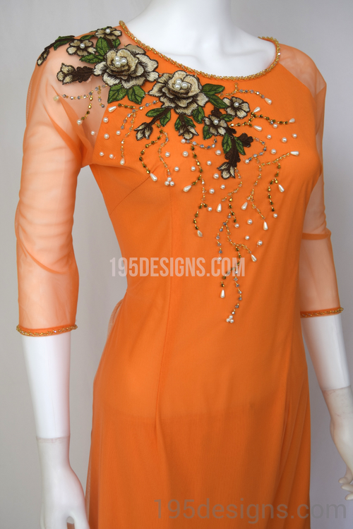 ÁO DÀI Von Cam Kết Đá Pha Lê| Orange Ao DAI Crystal