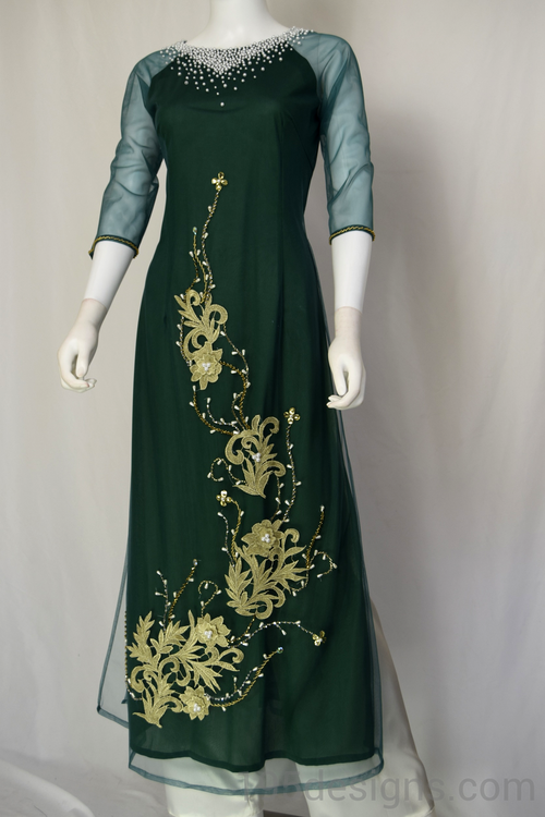 ÁO DÀI Xanh Kết Hoa Tay Von | Dark Green Ao DAI Flower