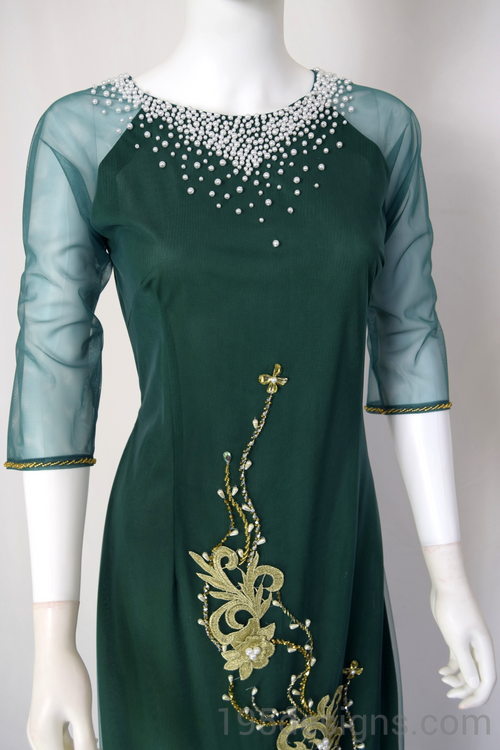 ÁO DÀI Xanh Kết Hoa Tay Von | Dark Green Ao DAI Flower