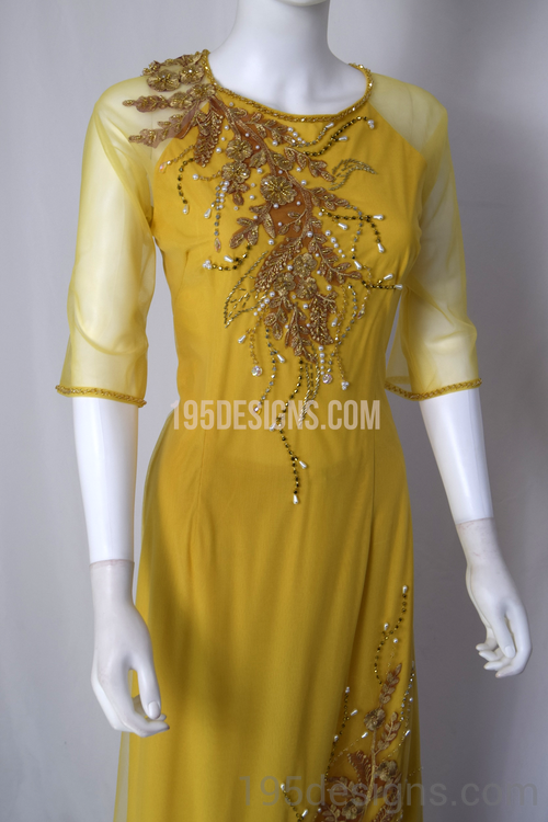 ÁO DÀI Vàng Kết Hoa Tay Von | Yellow Ao DAI Flower