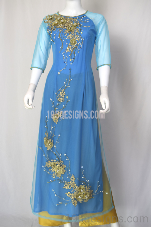 ÁO DÀI Xanh Hoa Tay Von | Baby Blue Ao DAI Flower Crystal