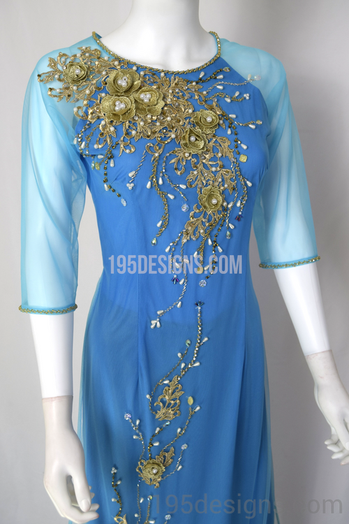 ÁO DÀI Xanh Hoa Tay Von | Baby Blue Ao DAI Flower Crystal