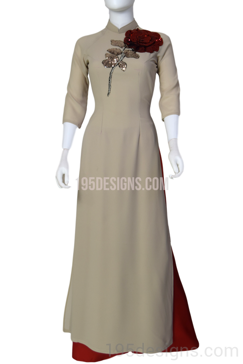 ÁO DÀI Nâu VÀNG MAY 2 LỚP HOA Hồng | Nude AO DAI Rose FLOWER