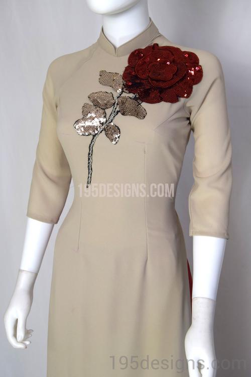ÁO DÀI Nâu VÀNG MAY 2 LỚP HOA Hồng | Nude AO DAI Rose FLOWER