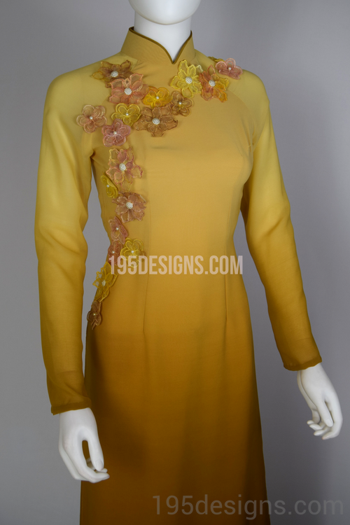 Ao Dai Lụa Nấu Vàng kết hoa  | Yellow Brown Ao Dai with Flowers