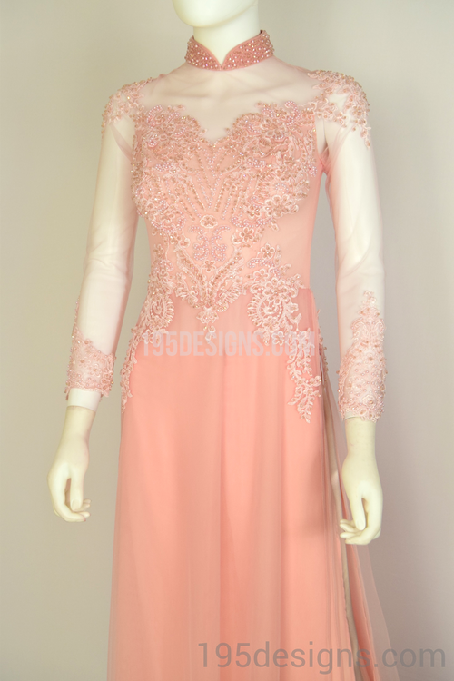 ÁO DÀI Hồng Kết Cườm Tay Von | Peach AO DAI Crystal