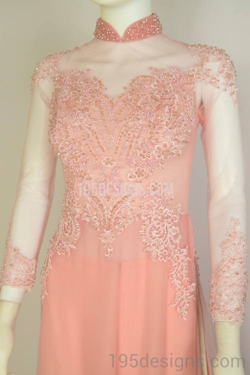 ÁO DÀI Hồng Kết Cườm Tay Von | Peach AO DAI Crystal