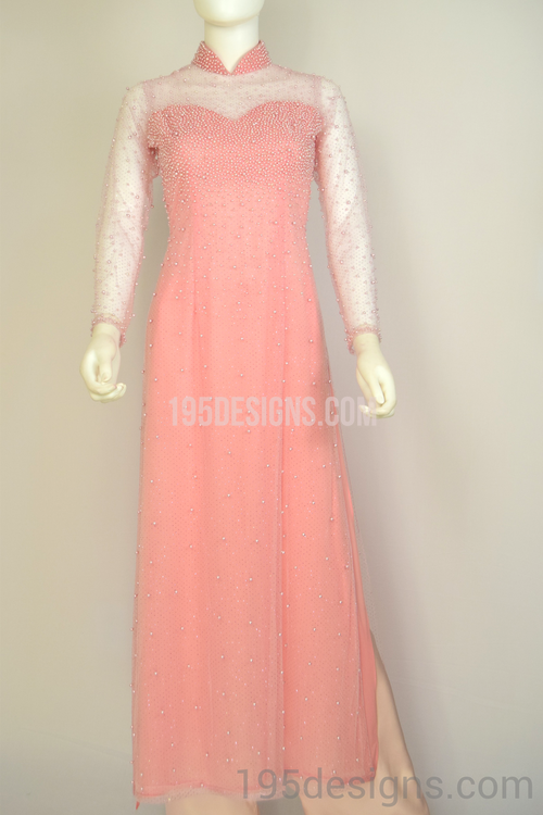 ÁO DÀI Hồng Kết Hột Trai Tay Von | Peach AO DAI Pearls