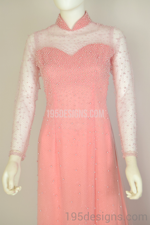 ÁO DÀI Hồng Kết Hột Trai Tay Von | Peach AO DAI Pearls