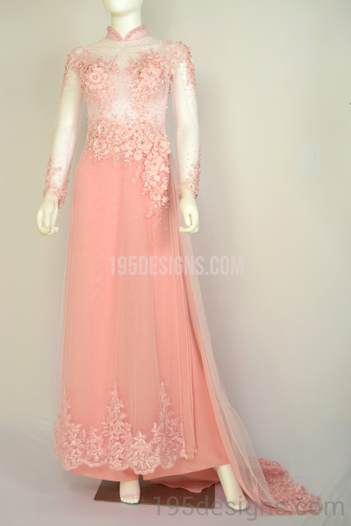 ÁO DÀI Hồng Kết Hoa 3D Tay Von | Peach AO DAI Flower Crystal