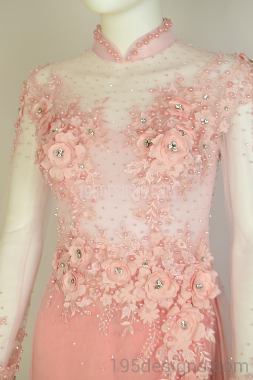 ÁO DÀI Hồng Kết Hoa 3D Tay Von | Peach AO DAI Flower Crystal