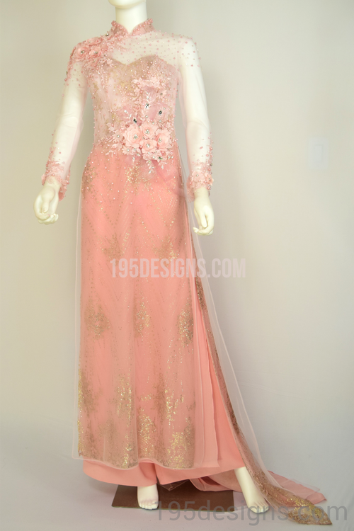 ÁO DÀI Hồng Kết Hoa 3D Gold | Peach AO DAI Flower Crystal