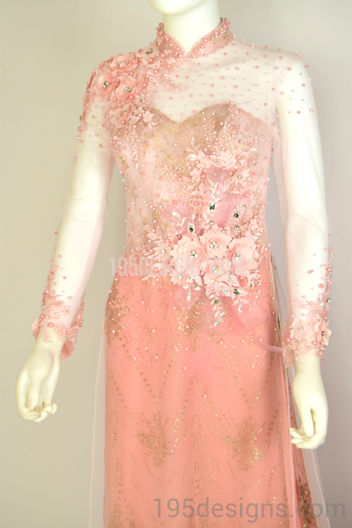 ÁO DÀI Hồng Kết Hoa 3D Gold | Peach AO DAI Flower Crystal