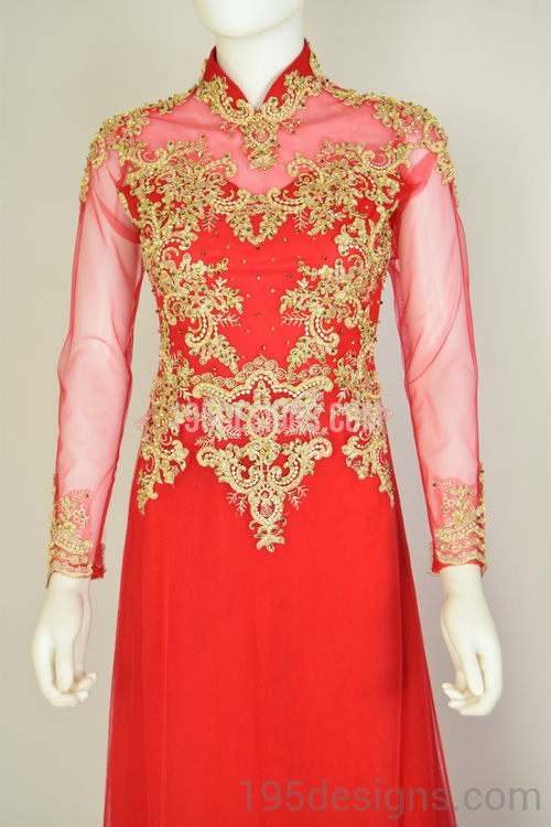 Red Ao Dai Red Crystal Gold Flower Wedding- Ao Dai Kết Đá Pha Lê Cô Dâu