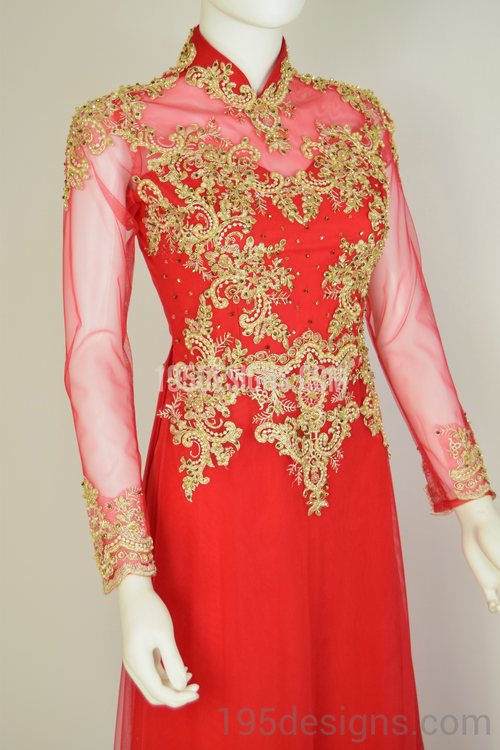 Red Ao Dai Red Crystal Gold Flower Wedding- Ao Dai Kết Đá Pha Lê Cô Dâu