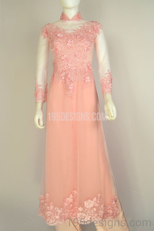 ÁO DÀI Hồng Kết Cườm Tay Von | Peach AO DAI Crystal