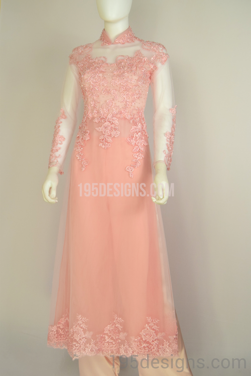 ÁO DÀI Hồng Kết Cườm Tay Von | Peach AO DAI Crystal