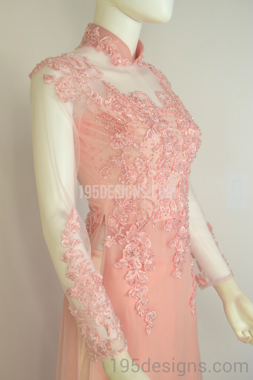 ÁO DÀI Hồng Kết Cườm Tay Von | Peach AO DAI Crystal