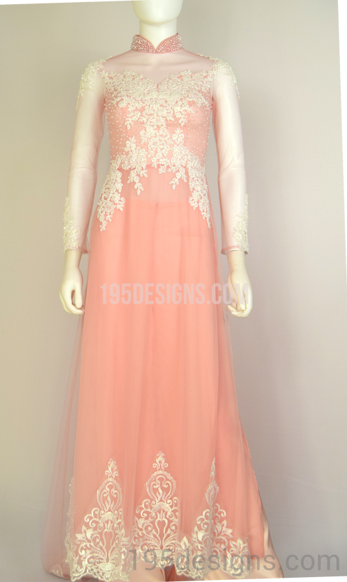 ÁO DÀI Hồng Kết Cườm Tay Von | Peach AO DAI Crystal Long Tail