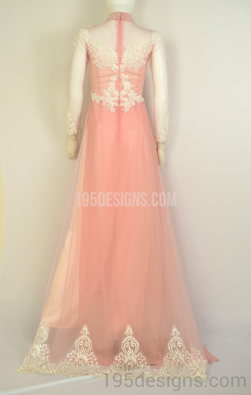 ÁO DÀI Hồng Kết Cườm Tay Von | Peach AO DAI Crystal Long Tail