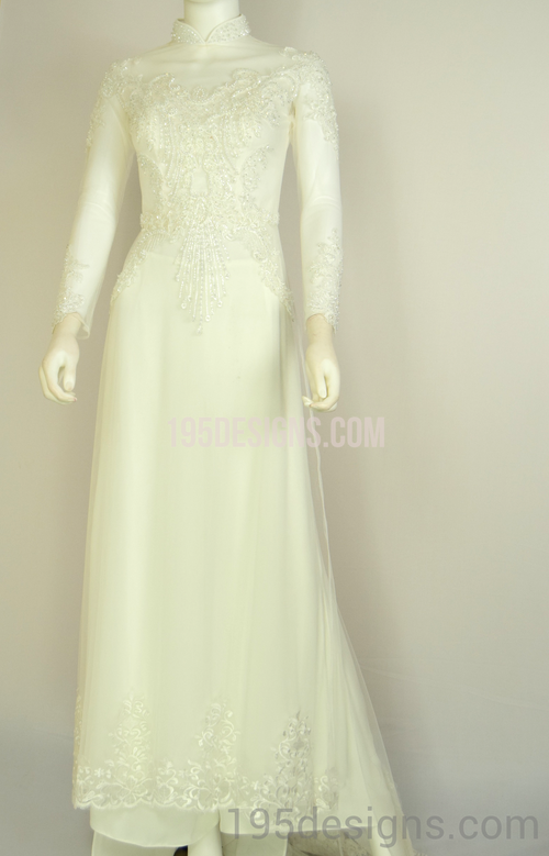 White Ao Dai Red Crystal Lace Wedding- Ao Dai Kết Đá Pha Lê Cô Dâu