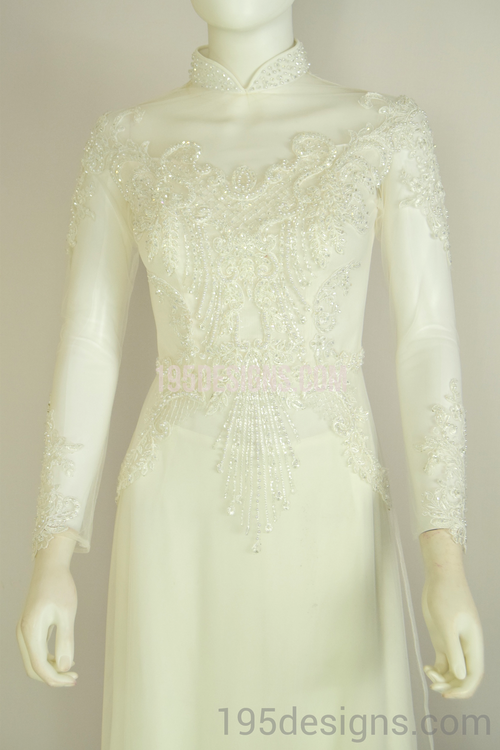White Ao Dai Red Crystal Lace Wedding- Ao Dai Kết Đá Pha Lê Cô Dâu