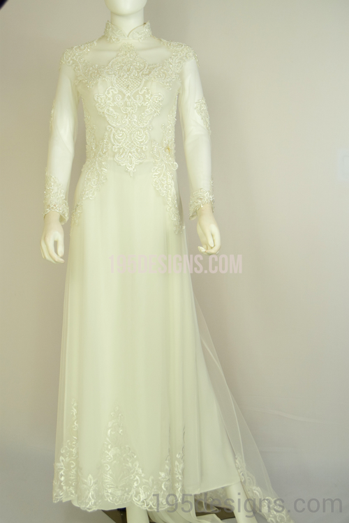 White Ao Dai Red Crystal Lace Wedding- Ao Dai Kết Đá Pha Lê Cô Dâu