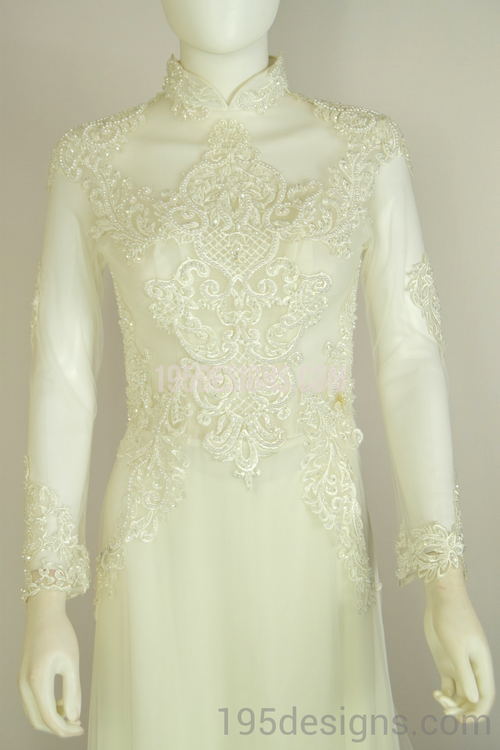 White Ao Dai Red Crystal Lace Wedding- Ao Dai Kết Đá Pha Lê Cô Dâu