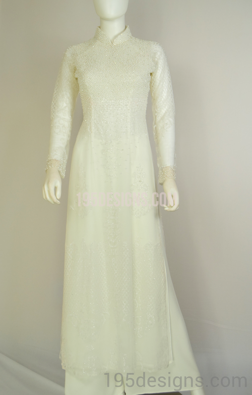 White Ao Dai Pearl Wedding- Ao Dai Kết Hột Trai Cô Dâu