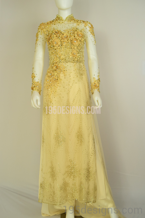 ÁO DÀI Cưới Kem Vàng cao cấp Kết Đá Pha Lê| Gold color AO DAI Crystal Wedding
