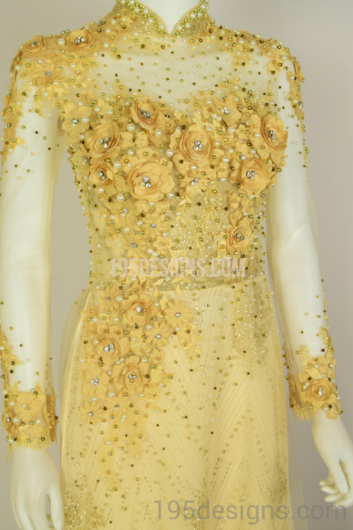 ÁO DÀI Cưới Kem Vàng cao cấp Kết Đá Pha Lê| Gold color AO DAI Crystal Wedding
