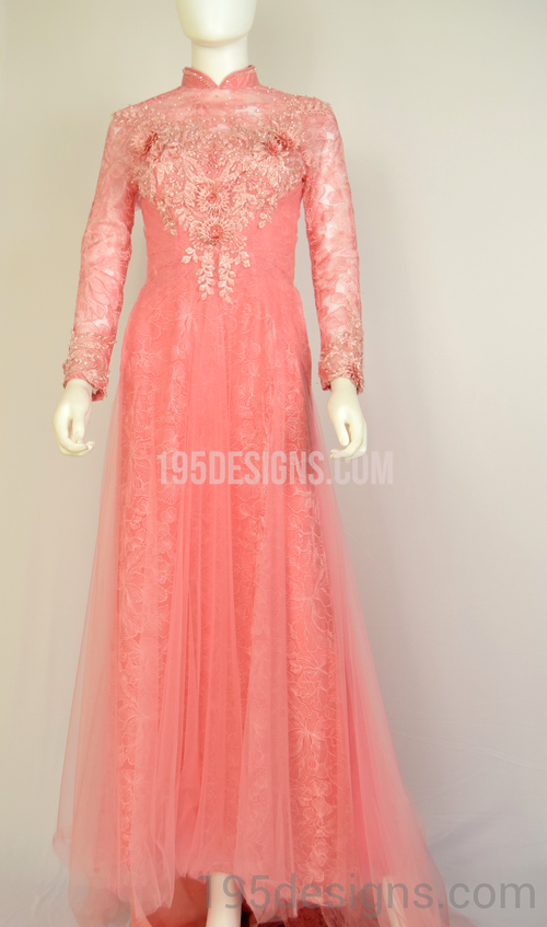 ÁO DÀI Hồng Cam Kết Hoa 3D Gold | Coral AO DAI Flower Crystal