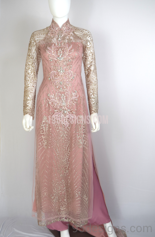 ÁO DÀI Hồng Ruốc Kết Hoa 3D Gold | Pink Brow AO DAI Flower Crystal