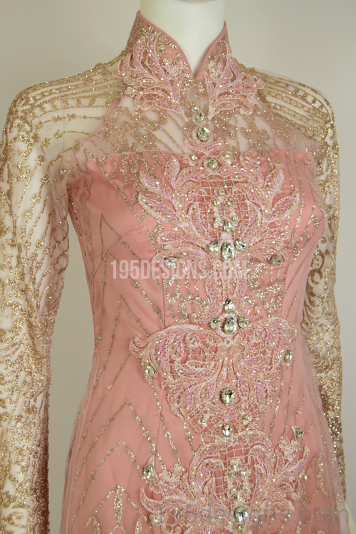 ÁO DÀI Hồng Ruốc Kết Hoa 3D Gold | Pink Brow AO DAI Flower Crystal