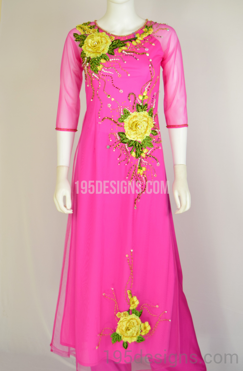 Pink Ao Dai Yellow Flowers Crystal - Ao Dai Kết Hoa
