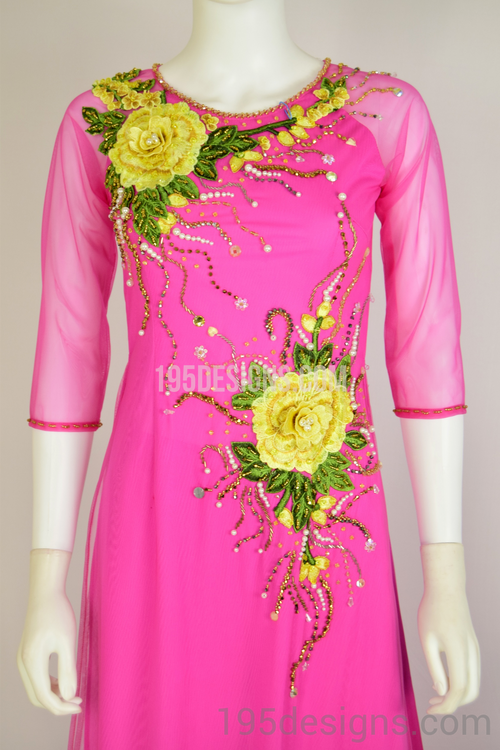 Pink Ao Dai Yellow Flowers Crystal - Ao Dai Kết Hoa