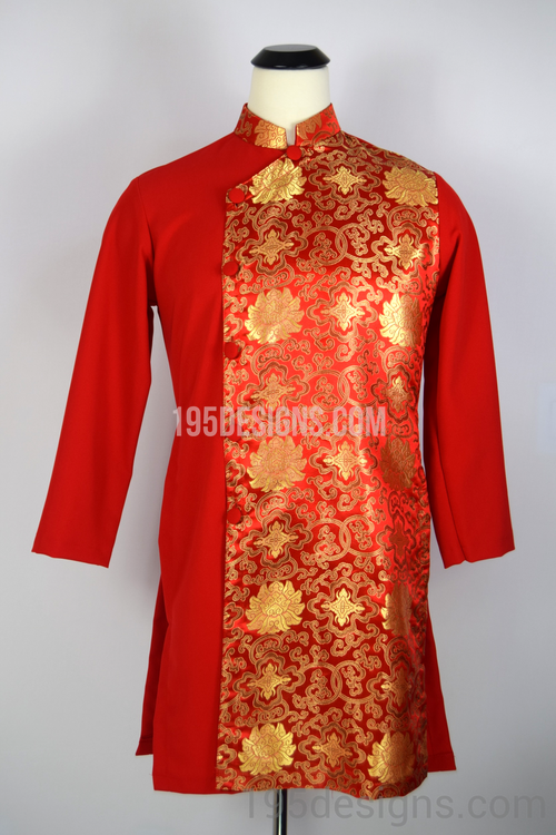 Red Brocade Ao Dai Men -  Áo Dài Gấm Nam Vải Co Giản