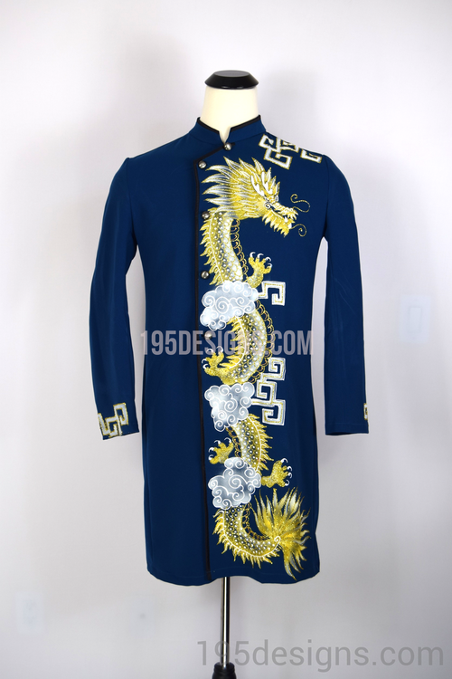 Blue Brocade Ao Dai Men -  Áo Dài Nam Vải Co Giản