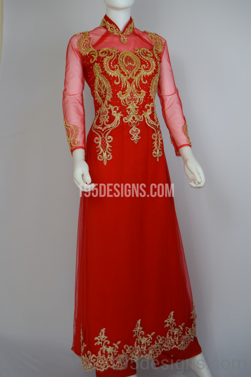 Red Ao Dai Red Crystal Gold Flower Wedding- Ao Dai Kết Đá Pha Lê Cô Dâu