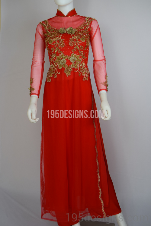 Red Ao Dai Gold Flower Wedding- Ao Dai Kết Đá Pha Lê Cô Dâu