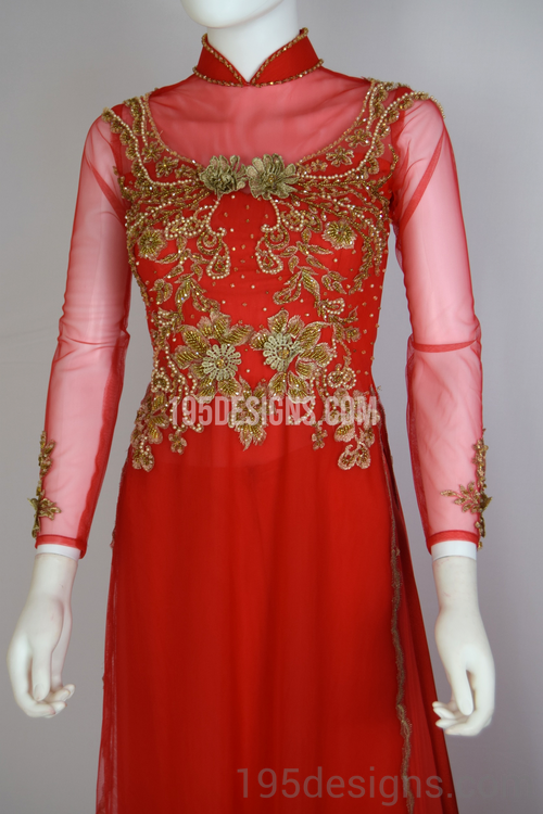 Red Ao Dai Gold Flower Wedding- Ao Dai Kết Đá Pha Lê Cô Dâu